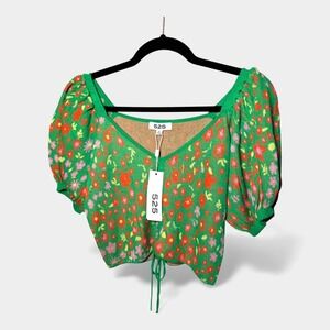 525 Garden Multi Floral Puff Sleeve Knit Crop Top Size M - NWT